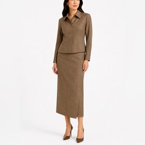 Carlisle Vintage Wool Skirt Suit Set Taupe Brown Size 8 Jacket Pencil Skirt